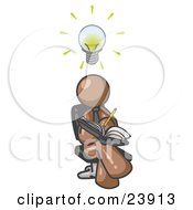 Clipart Illustration Of A Smart Brown Man Seated With His Legs Crossed Brainstorming And Writing Ideas Down In A Notebook Lightbulb Over His Head by Leo Blanchette