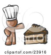 Poster, Art Print Of Brown Chef Man Wearing A White Hat And Presenting A Tasty Slice Of Chocolate Frosted Cake