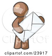 Poster, Art Print Of Brown Person Standing And Holding A Large Envelope Symbolizing Communications And Email