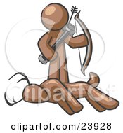 Poster, Art Print Of Brown Man A Hunter Holding A Bow And Arrow Over A Dead Buck Deer