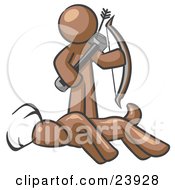 Clipart Illustration Of A Brown Man A Hunter Holding A Bow And Arrow Over A Dead Buck Deer by Leo Blanchette