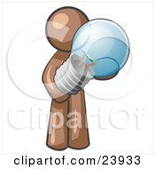 Poster, Art Print Of Brown Man Holding A Glass Electric Lightbulb Symbolizing Utilities Or Ideas