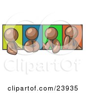 Poster, Art Print Of Four Brown Men In Different Poses Against Colorful Backgrounds Perhaps During A Meeting