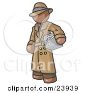 Poster, Art Print Of Secretive Brown Man In A Trench Coat And Hat Carrying A Box With A Question Mark On It