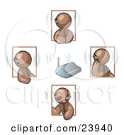 Clipart Illustration Of A Group Of Four Brown Men Holding A Phone Meeting And Wearing Wireless Bluetooth Headsets