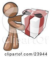 Poster, Art Print Of Thoughtful Brown Man Holding A Christmas Birthday Valentines Day Or Anniversary Gift Wrapped In White Paper With Red Ribbon And A Bow