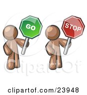 Poster, Art Print Of Brown Men Holding Red And Green Stop And Go Signs