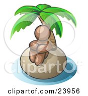 Brown Man Sitting All Alone With A Palm Tree On A Deserted Island
