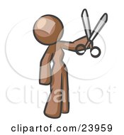 Brown Woman Standing And Holing Up A Pair Of Scissors
