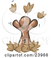Poster, Art Print Of Carefree Brown Man Tossing Up Autumn Leaves In The Air Symbolizing Happiness And Freedom