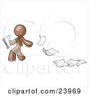 Poster, Art Print Of Brown Man Dropping White Sheets Of Paper On A Ground And Leaving A Paper Trail Symbolizing Waste