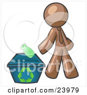 Poster, Art Print Of Brown Man Tossing A Plastic Container Into A Recycle Bin Symbolizing Someone Doing Their Part To Help The Environment And To Be Earth Friendly