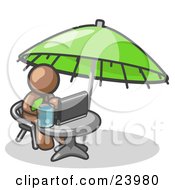 Poster, Art Print Of Traveling Brown Business Man Sitting Under An Umbrella At A Table Using A Laptop Computer