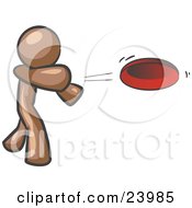Clipart Illustration Of A Brown Man Tossing A Red Flying Disc Through The Air For Someone To Catch