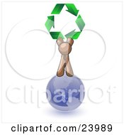Poster, Art Print Of Brown Man Standing On Top Of The Blue Planet Earth And Holding Up Three Green Arrows Forming A Triangle And Moving In A Clockwise Motion Symbolizing Renewable Energy And Recycling