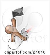 Clipart Illustration Of A Brown Man Waving A Flag While Riding On Top Of A Fast Missile Or Rocket Symbolizing Success