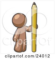 Clipart Illustration Of A Brown Man Holding Up And Standing Beside A Giant Yellow Number Two Pencil by Leo Blanchette