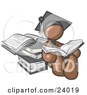 Brown Male Student In A Graduation Cap Reading A Book And Leaning Against A Stack Of Books