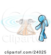 Light Blue Businessman Talking On A Cell Phone A Communications Tower In The Background by Leo Blanchette