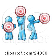 Group Of Three Light Blue Men Holding Red Targets In Different Positions