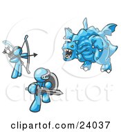 Two Light Blue Men Working Together To Conquer An Obstacle A Dragon