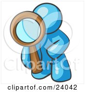 Light Blue Man Kneeling On One Knee To Look Closer At Something While Inspecting Or Investigating