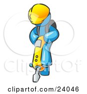 Light Blue Construction Worker Man Wearing A Hardhat And Operating A Yellow Jackhammer While Doing Road Work