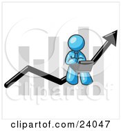 Poster, Art Print Of Light Blue Man Using A Laptop Computer Riding The Increasing Arrow Line On A Business Chart Graph
