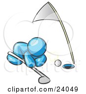 Clipart Illustration Of A Light Blue Man Down On The Ground Trying To Blow A Golf Ball Into The Hole by Leo Blanchette