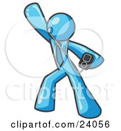 Clipart Illustration Of A Light Blue Man Dancing And Listening To Music With An MP3 Player