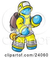 Light Blue Fireman In A Uniform Fighting A Fire