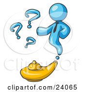 Light Blue Genie Man Emerging From A Golden Lamp With Question Marks