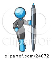 Clipart Illustration Of A Light Blue Woman In A Gray Dress Standing With One Hand On Her Hip Holding A Huge Pen by Leo Blanchette