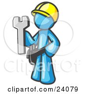 Proud Light Blue Construction Worker Man In A Hardhat Holding A Wrench Clipart Illustration by Leo Blanchette