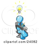 Smart Light Blue Man Seated With His Legs Crossed Brainstorming And Writing Ideas Down In A Notebook Lightbulb Over His Head by Leo Blanchette