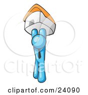Clipart Illustration Of A Light Blue Man Holding Up A House Over His Head Symbolizing Home Loans And Realty