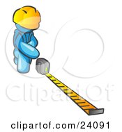 Poster, Art Print Of Light Blue Man Contractor Wearing A Hardhat Kneeling And Measuring