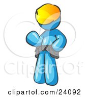 Poster, Art Print Of Friendly Light Blue Construction Worker Or Handyman Wearing A Hardhat And Tool Belt And Waving