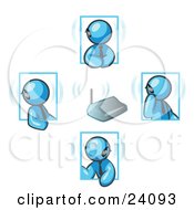 Group Of Four Light Blue Men Holding A Phone Meeting And Wearing Wireless Bluetooth Headsets