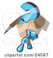 Poster, Art Print Of Light Blue Man Carrying A Heavy Question Mark In A Box