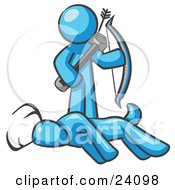 Clipart Illustration Of A Light Blue Man A Hunter Holding A Bow And Arrow Over A Dead Buck Deer by Leo Blanchette