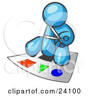 Poster, Art Print Of Light Blue Man Holding A Pair Of Scissors And Sitting On A Large Poster Board With Colorful Shapes