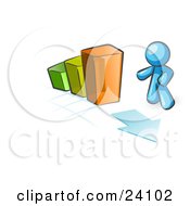 Clipart Illustration Of A Light Blue Man Standing By An Increasing Green Yellow And Orange Bar Graph On A Grid Background With An Arrow by Leo Blanchette