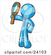 Clipart Illustration Of A Light Blue Man Holding Up A Magnifying Glass And Peering Through It While Investigating Or Researching Something by Leo Blanchette