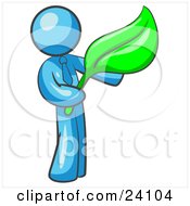 Clipart Illustration Of A Light Blue Man Holding A Green Leaf Symbolizing Gardening Landscaping Or Organic Products