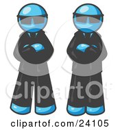 Poster, Art Print Of Two Light Blue Men Standing With Their Arms Crossed Wearing Sunglasses And Black Suits