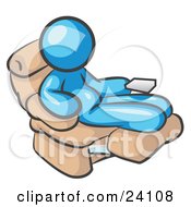 Chubby And Lazy Light Blue Man With A Beer Belly Sitting In A Recliner Chair With His Feet Up