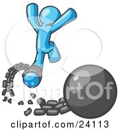 Light Blue Man Jumping For Joy While Breaking Away From A Ball And Chain Symbolizing Freedom From Debt Or Divorce