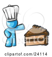 Poster, Art Print Of Light Blue Chef Man Wearing A White Hat And Presenting A Tasty Slice Of Chocolate Frosted Cake