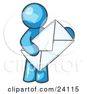 Poster, Art Print Of Light Blue Person Standing And Holding A Large Envelope Symbolizing Communications And Email